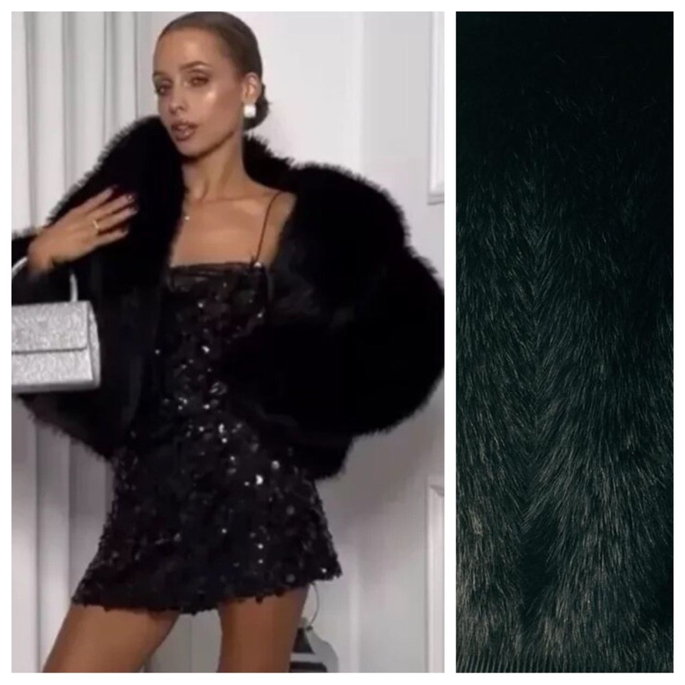 NWOT. Zara Black Faux Fur Short Coat with High Neck. Size M.
